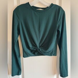 Gaze Teal Twist-Front Cropped Long Sleeve Top